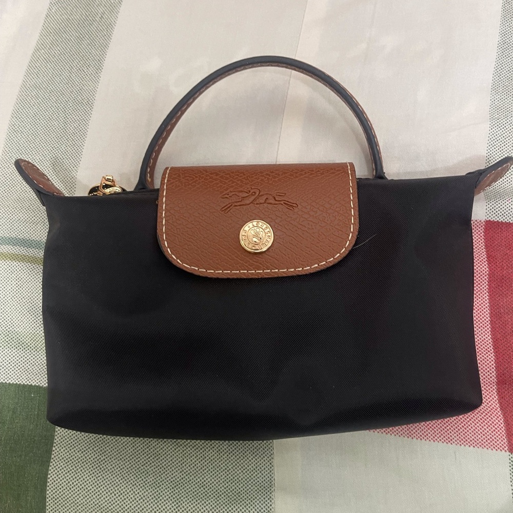 Longchamp Black Mini Top-Handle Bag with Brown Trim